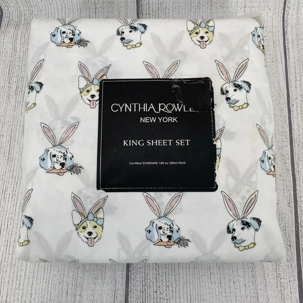 Cynthia Rowley Sheet Set KING Dogs Bunny Ears Easter Spring White Pink Blue